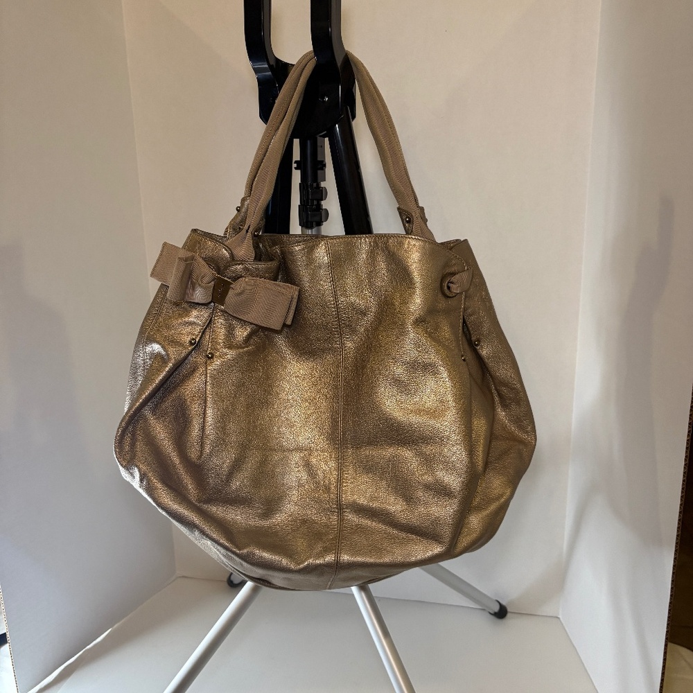 Salvatore Ferragamo Beige Leather and Canvas Bow Hobo Bag FZ-21 B656 Made Italy